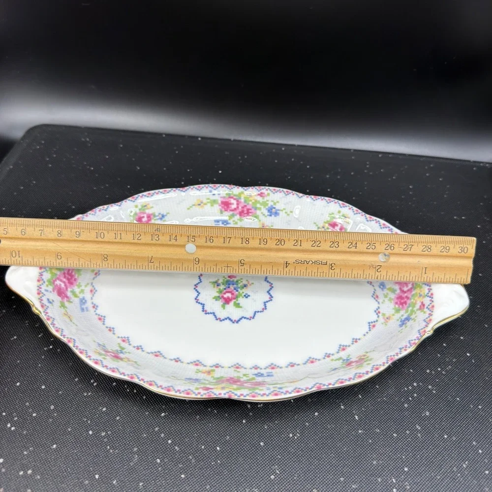 Royal Albert Petit Point China Oval Serving Platter Floral Gold Trim England 10